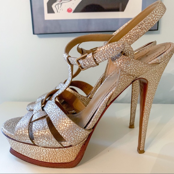 SAINT LAURENT Metallic Gold Tribute Heels Sandal - Picture 2 of 8